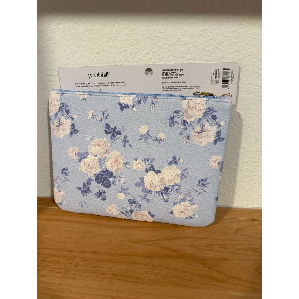 LoveShackFancy x Yoobi Blue Floral Accessory Wristlet Cosmetic Makeup Bag NWT